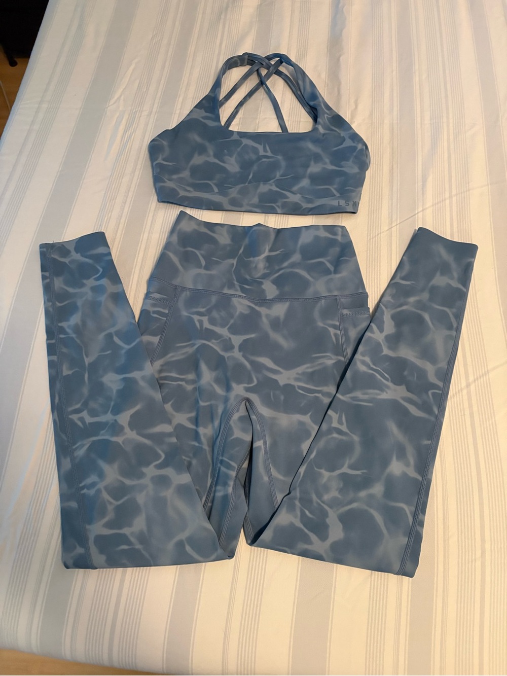 LSKD High-Waist Blue Water-Print Leggings with Matching Strappy Sports Bra